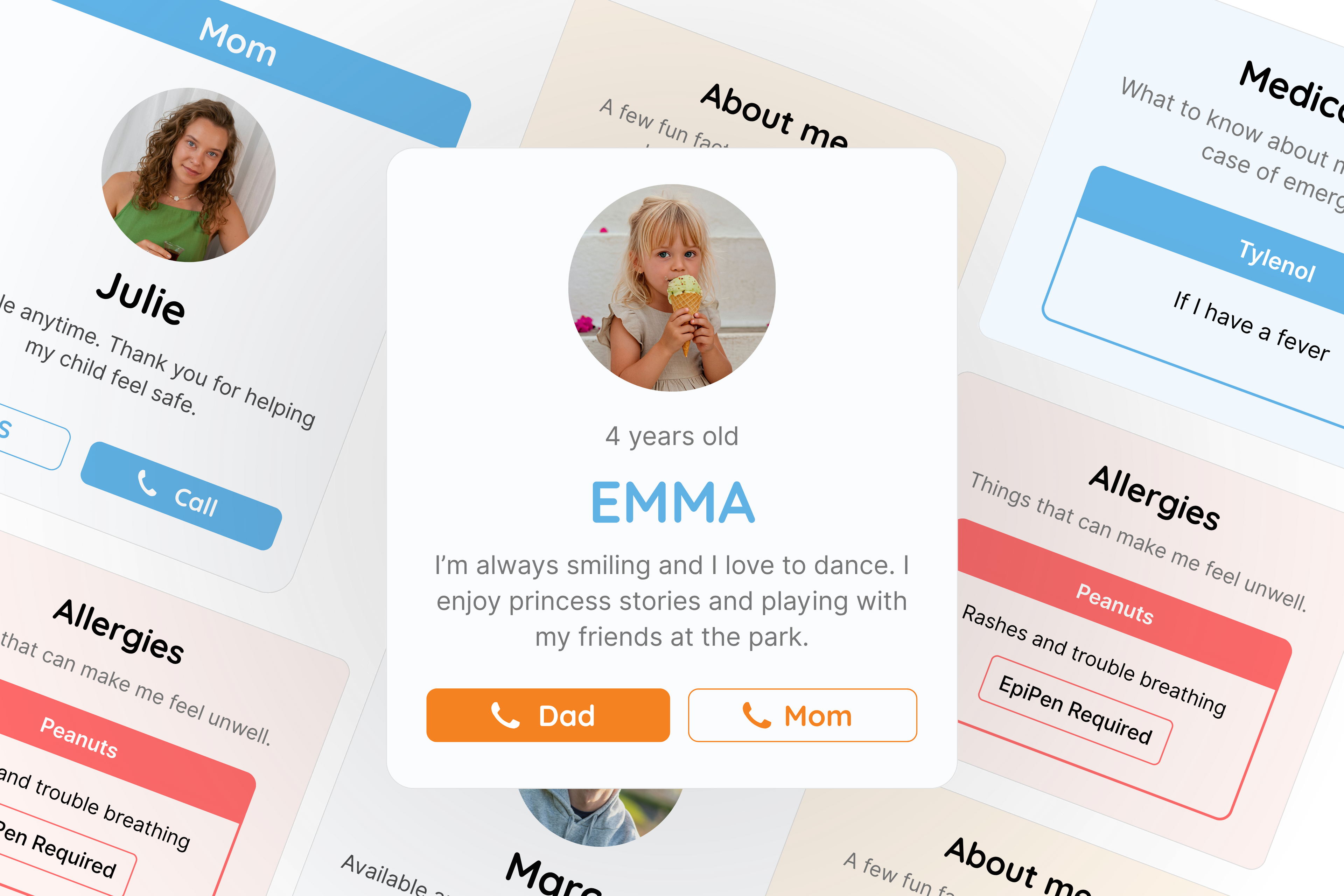 Okaou digital child safety profile showing a 4-year-old girl named Emma with photo, age, personal notes, allergies, medications, and quick-call options for Mom and Dad.